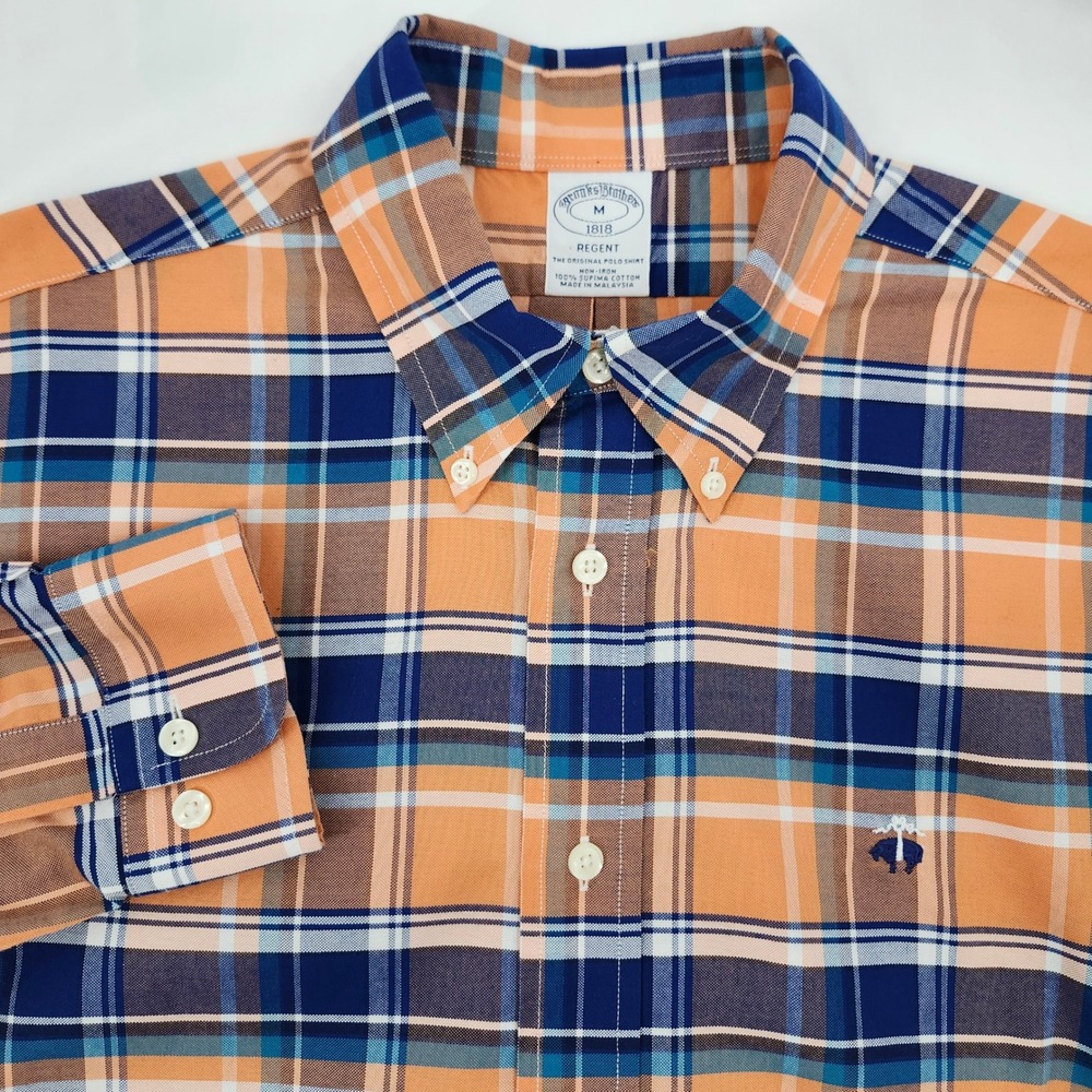 Brooks Brothers Mens Orange Blue Plaid Regent Non-Iron Shirt Size M Button Down